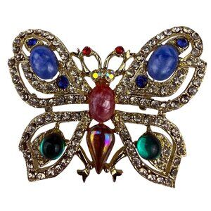 Vintage Gold Tone Rhinestone Butterfly Pin Brooch Multicolor Cabochon Gemstones